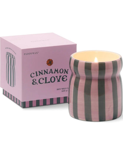 Cabana Pink/Green Striped Ceramic Candle - Cinnamon & Clove