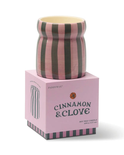 Cabana Pink/Green Striped Ceramic Candle - Cinnamon & Clove