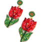 Red Tulip Beaded Earrings