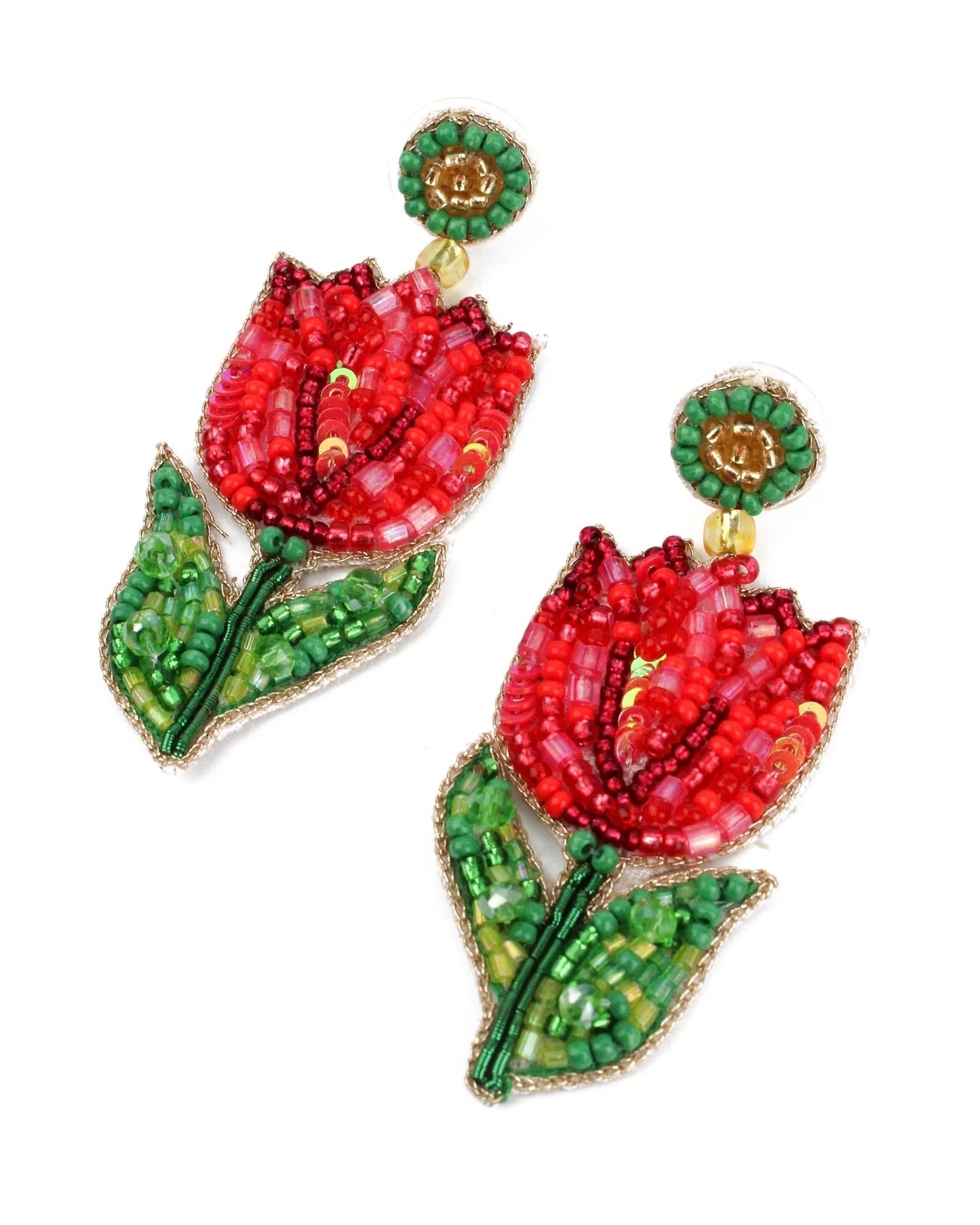 Red Tulip Beaded Earrings