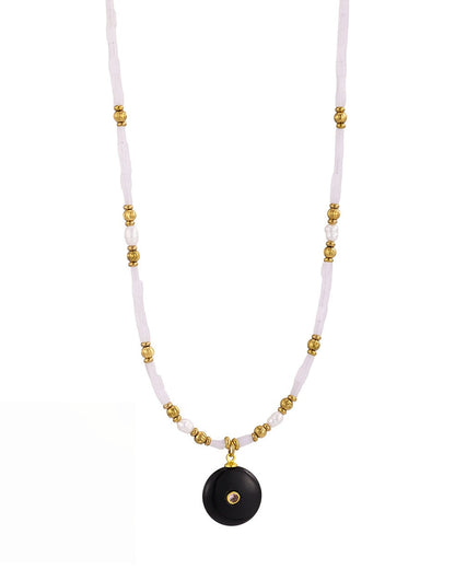 Semi Precious Stone Circle Pendant Beaded Necklace