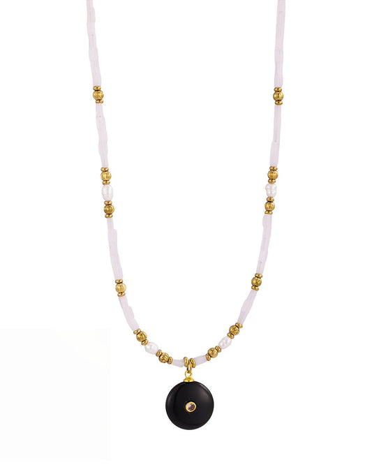 Natural Stone Circle Pendant Beaded Necklace