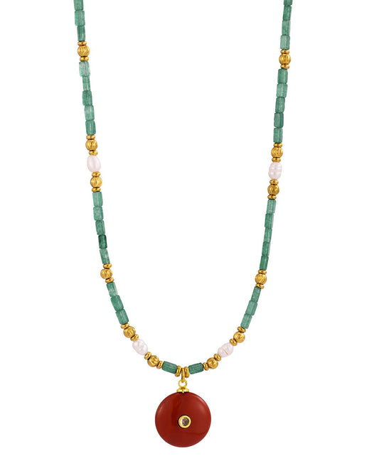 Natural Stone Circle Pendant Beaded Necklace
