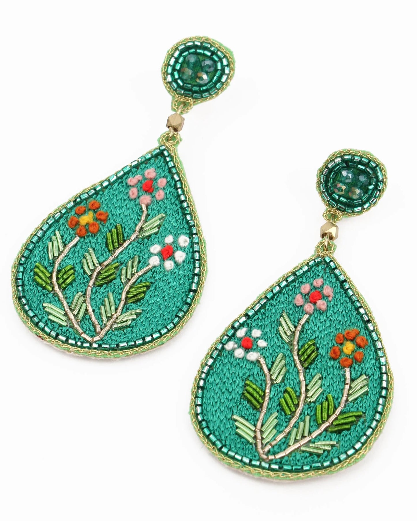Blue Embroidery Folk Floral Teardrop Earrings