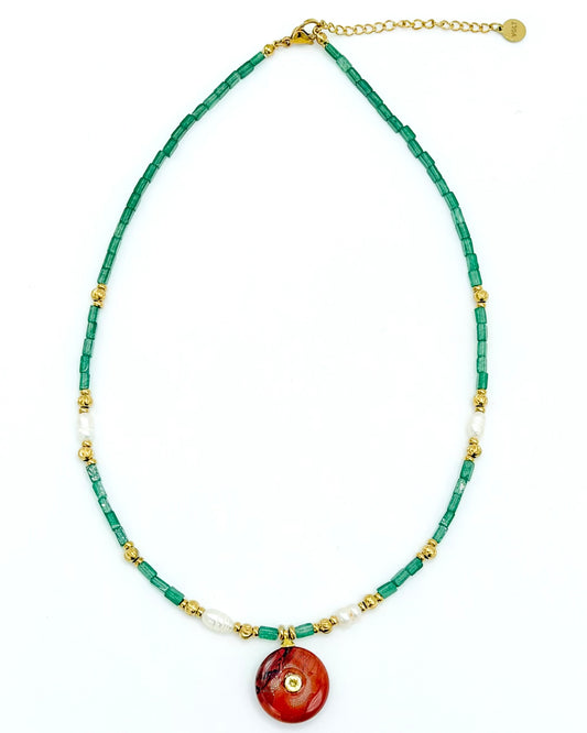 Natural Stone Circle Pendant Beaded Necklace