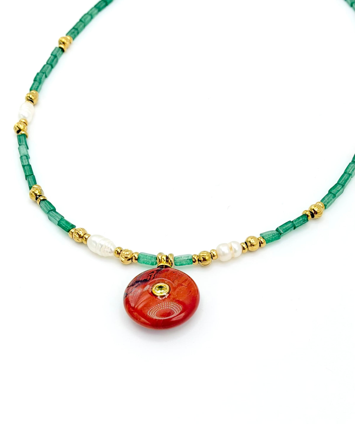 Natural Stone Circle Pendant Beaded Necklace