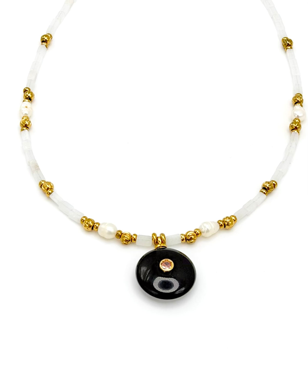 Semi Precious Stone Circle Pendant Beaded Necklace