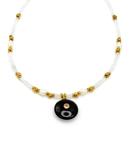 Semi Precious Stone Circle Pendant Beaded Necklace