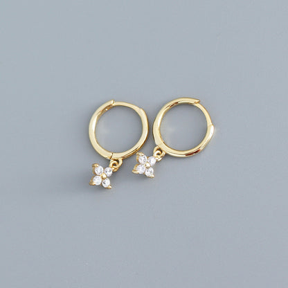 Gold 4 Petal Flower Drop Huggie With Cubic Zirconia