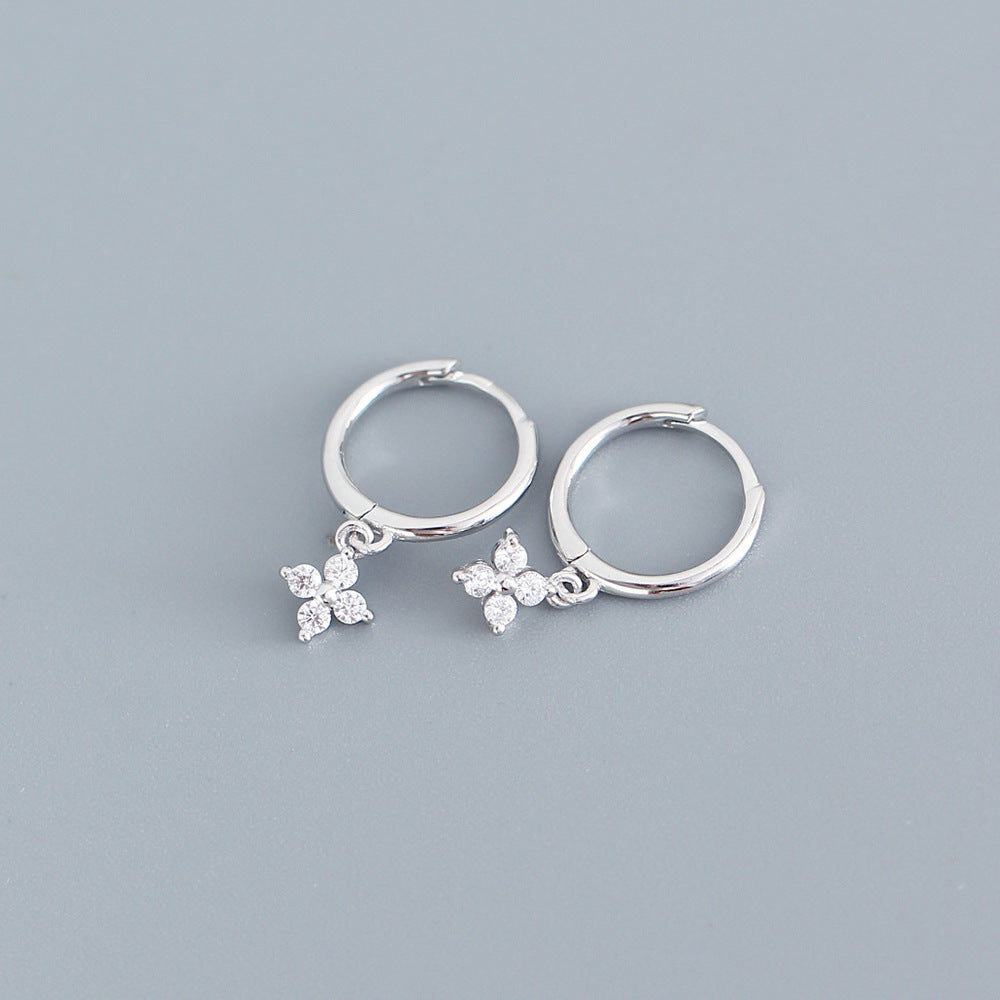 Silver 4 Petal Flower Drop Huggie With Cubic Zirconia