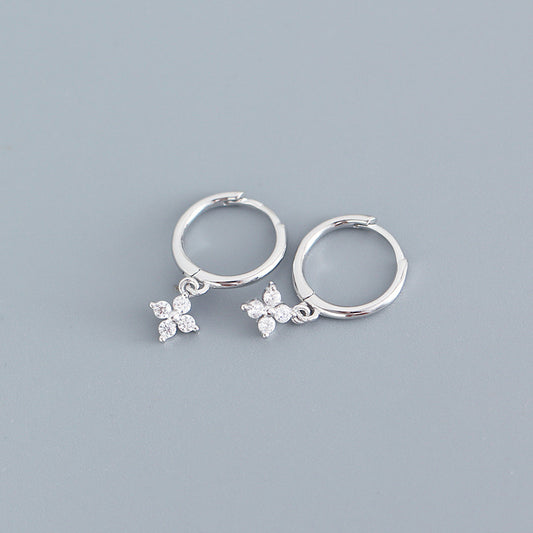 Silver 4 Petal Flower Drop Huggie With Cubic Zirconia