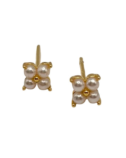 Gold & Pearl 4 Petal Flower Studs