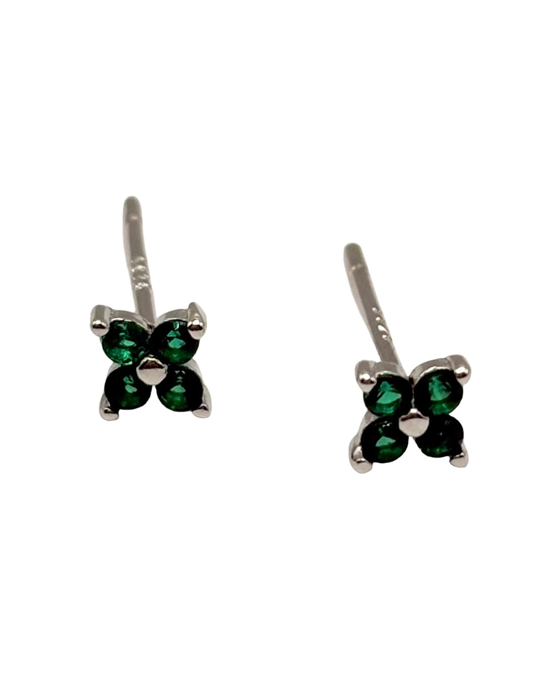 Silver & Green 4 Petal Flower Studs With Cubic Zirconia