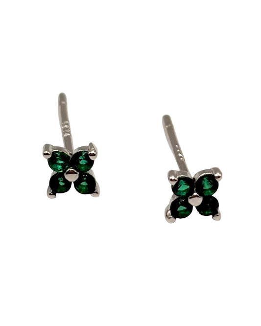 Silver & Green 4 Petal Flower Studs With Cubic Zirconia